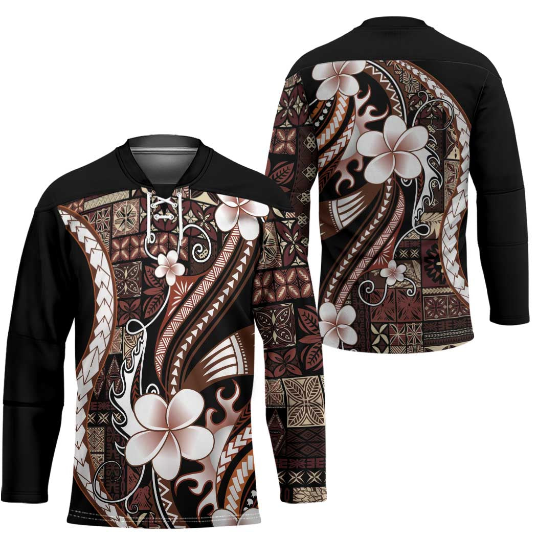 Samoa Siapo Tribal Pattern Hockey Jersey Brown Polynesian Plumeria Tapa Motif