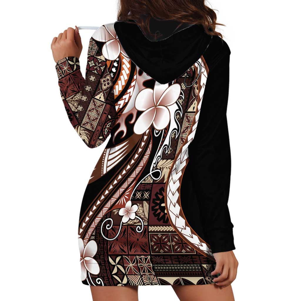 Samoa Siapo Tribal Pattern Hoodie Dress Brown Polynesian Plumeria Tapa Motif