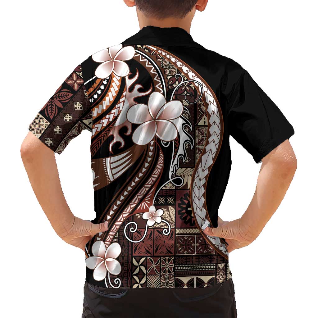 Samoa Siapo Tribal Pattern Kid Hawaiian Shirt Brown Polynesian Plumeria Tapa Motif
