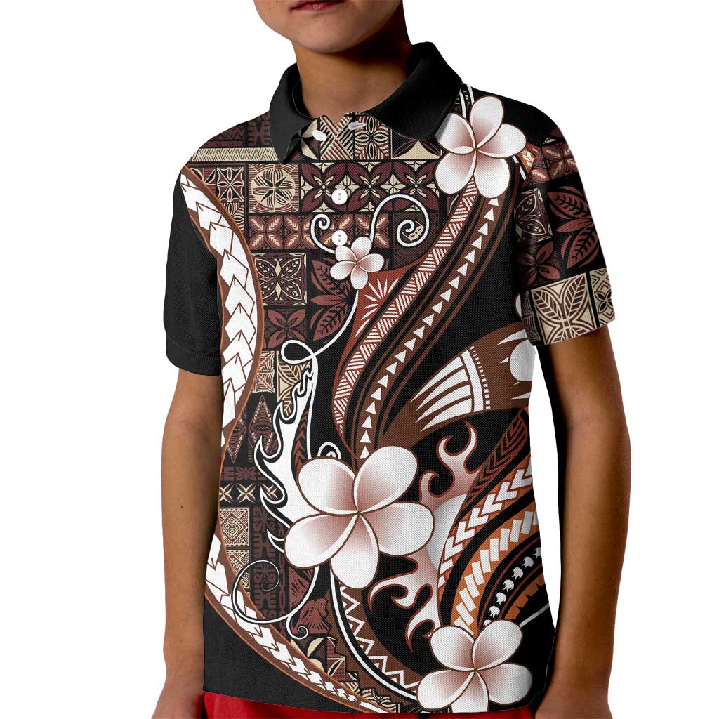 Samoa Siapo Tribal Pattern Kid Polo Shirt Brown Polynesian Plumeria Tapa Motif