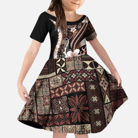 Samoa Siapo Tribal Pattern Kid Short Sleeve Dress Brown Polynesian Plumeria Tapa Motif