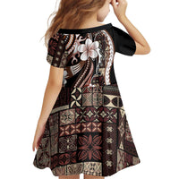 Samoa Siapo Tribal Pattern Kid Short Sleeve Dress Brown Polynesian Plumeria Tapa Motif