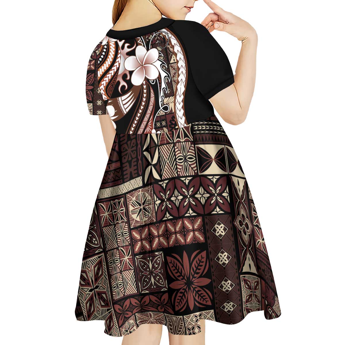 Samoa Siapo Tribal Pattern Kid Short Sleeve Dress Brown Polynesian Plumeria Tapa Motif