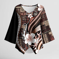 Samoa Siapo Tribal Pattern Kimono Sleeve Blouse Brown Polynesian Plumeria Tapa Motif