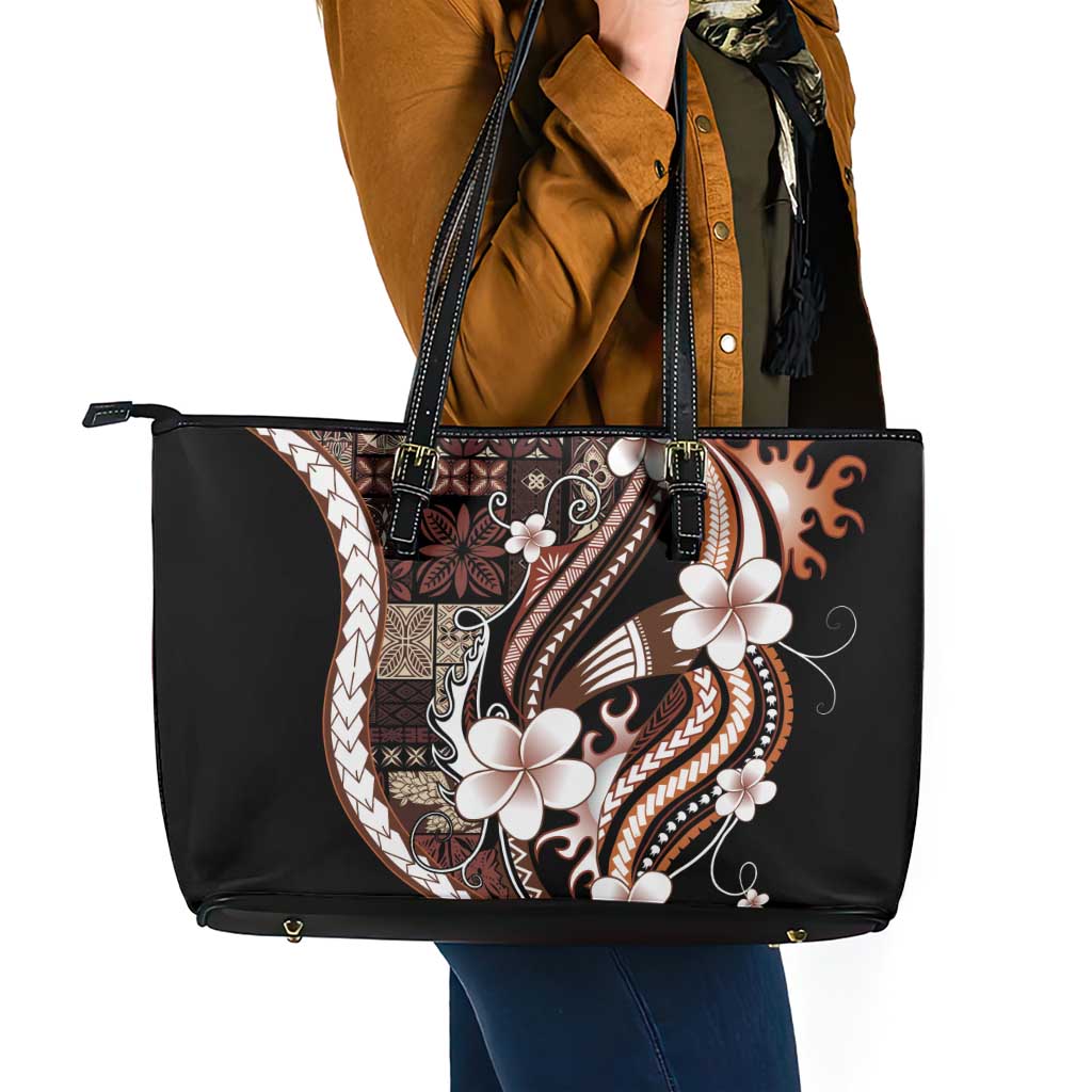 Samoa Siapo Tribal Pattern Leather Tote Bag Brown Polynesian Plumeria Tapa Motif