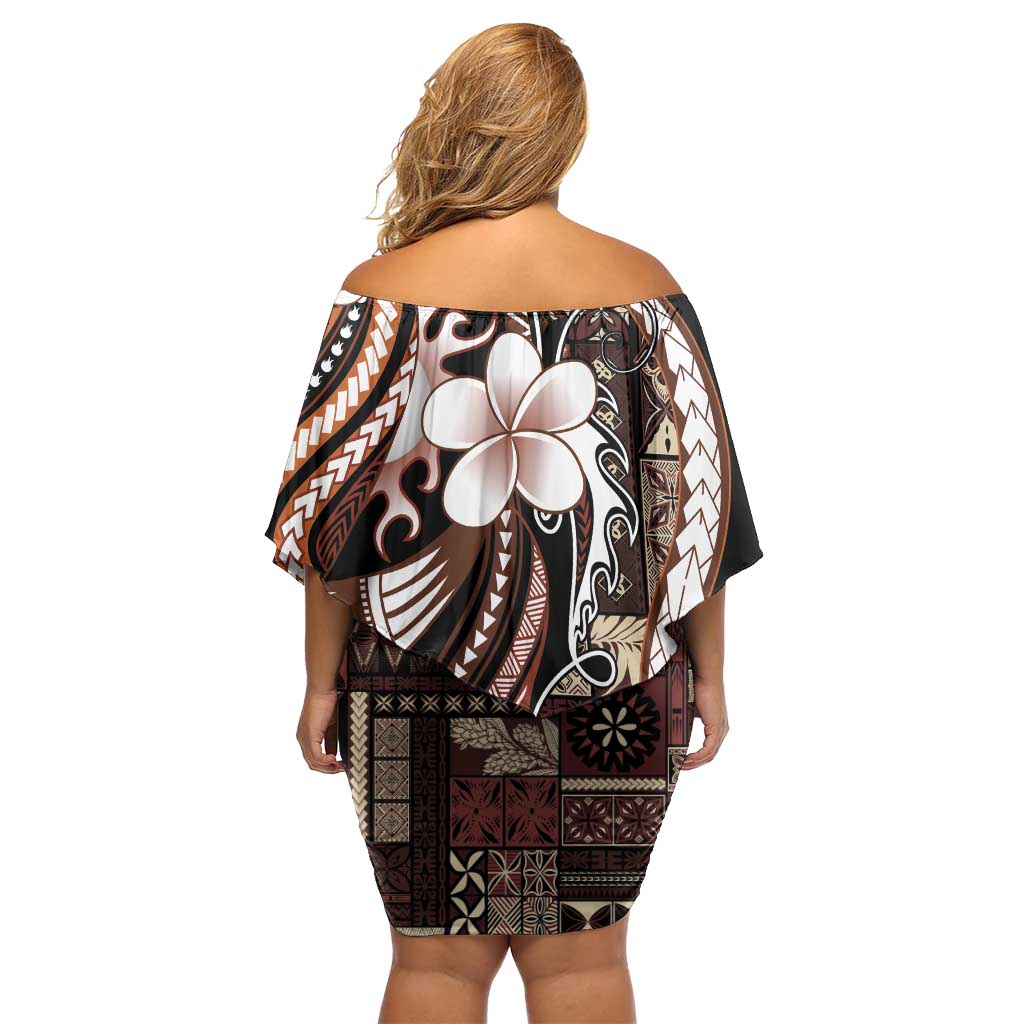 Samoa Siapo Tribal Pattern Off Shoulder Short Dress Brown Polynesian Plumeria Tapa Motif