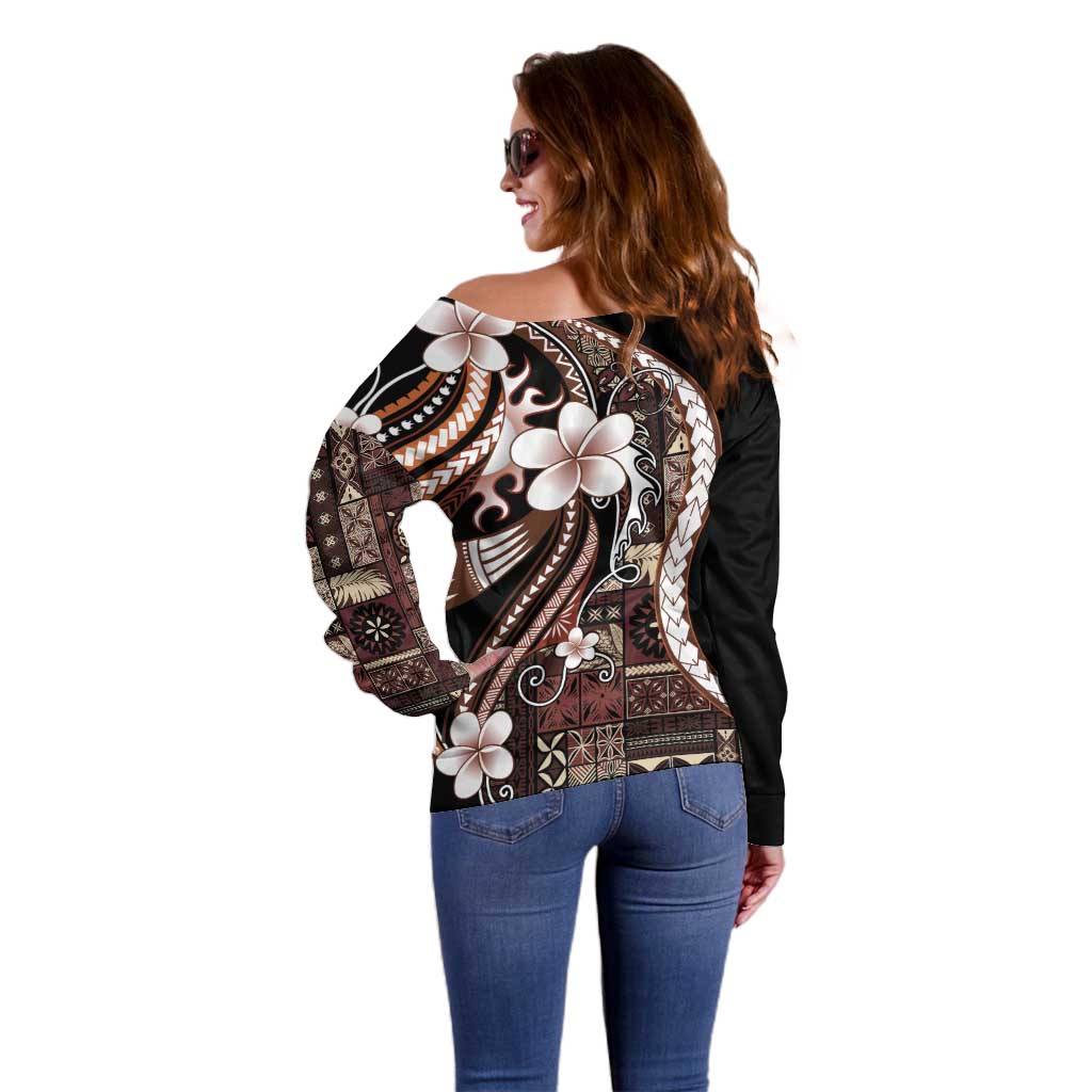 Samoa Siapo Tribal Pattern Off Shoulder Sweater Brown Polynesian Plumeria Tapa Motif