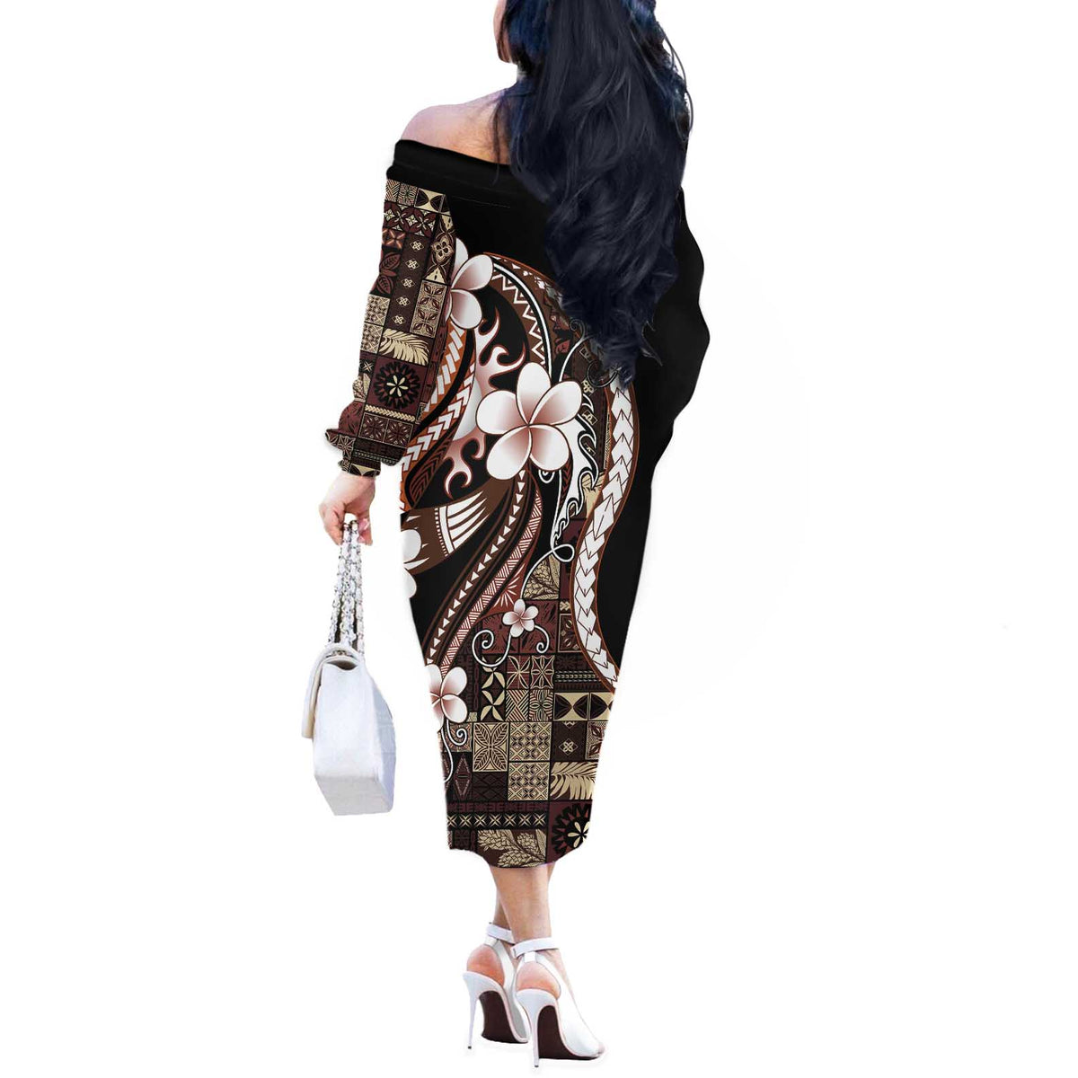 Samoa Siapo Tribal Pattern Off The Shoulder Long Sleeve Dress Brown Polynesian Plumeria Tapa Motif