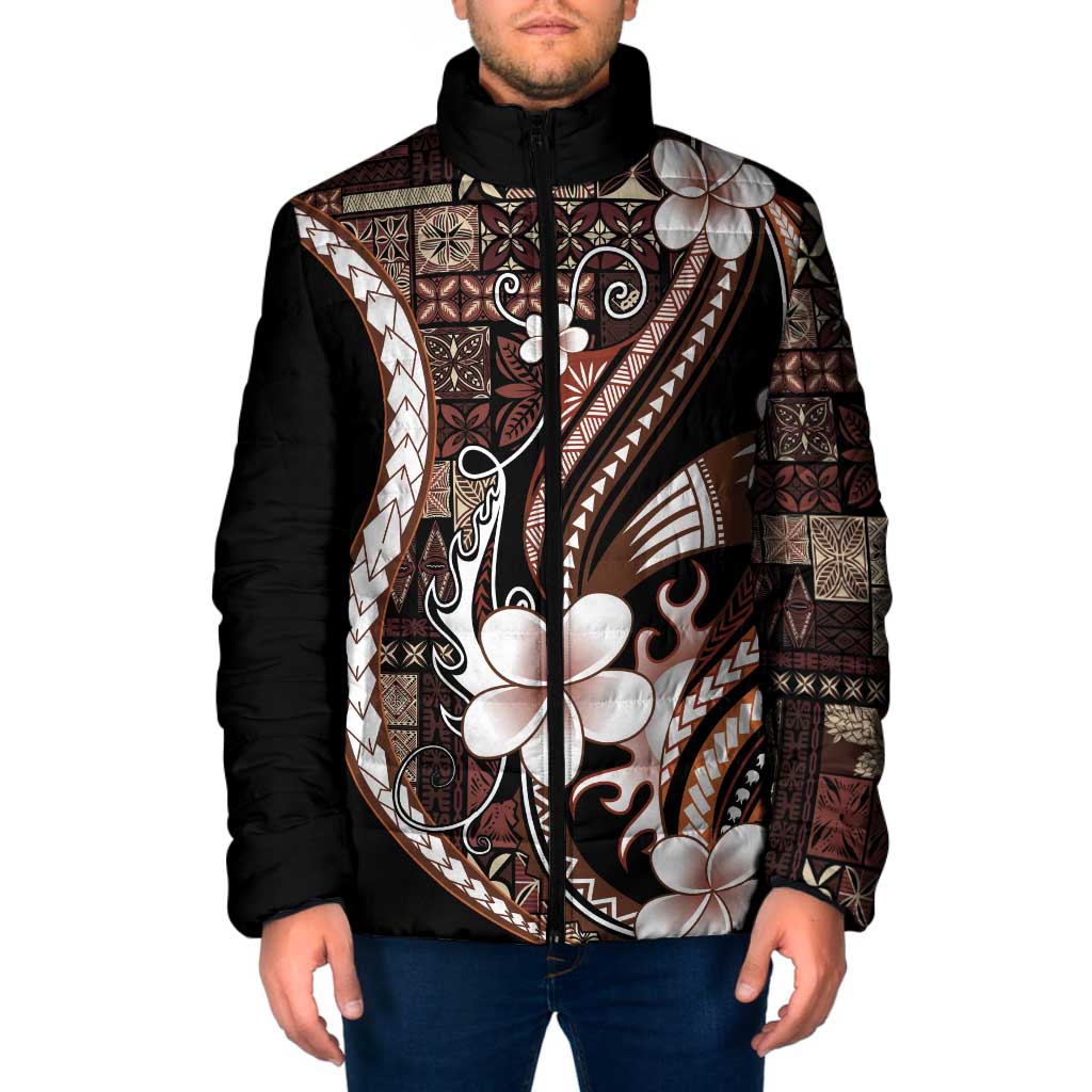 Samoa Siapo Tribal Pattern Padded Jacket Brown Polynesian Plumeria Tapa Motif