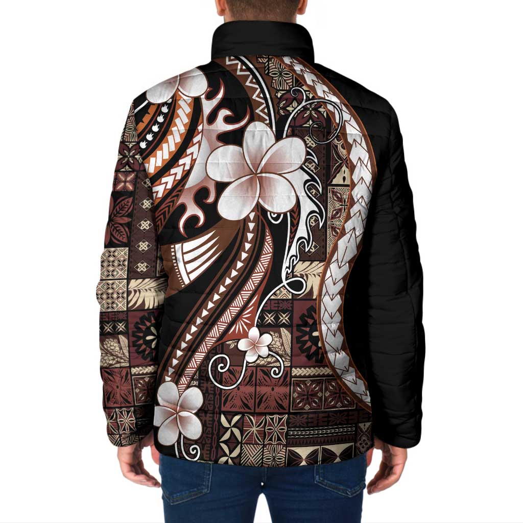 Samoa Siapo Tribal Pattern Padded Jacket Brown Polynesian Plumeria Tapa Motif