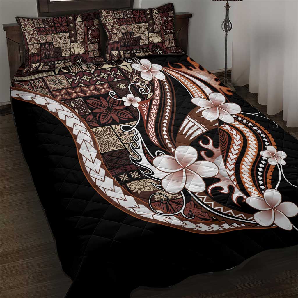 Samoa Siapo Tribal Pattern Quilt Bed Set Brown Polynesian Plumeria Tapa Motif