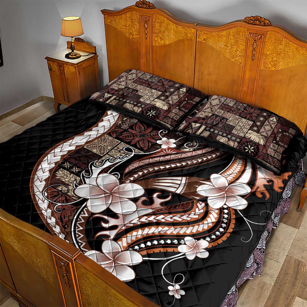 Samoa Siapo Tribal Pattern Quilt Bed Set Brown Polynesian Plumeria Tapa Motif