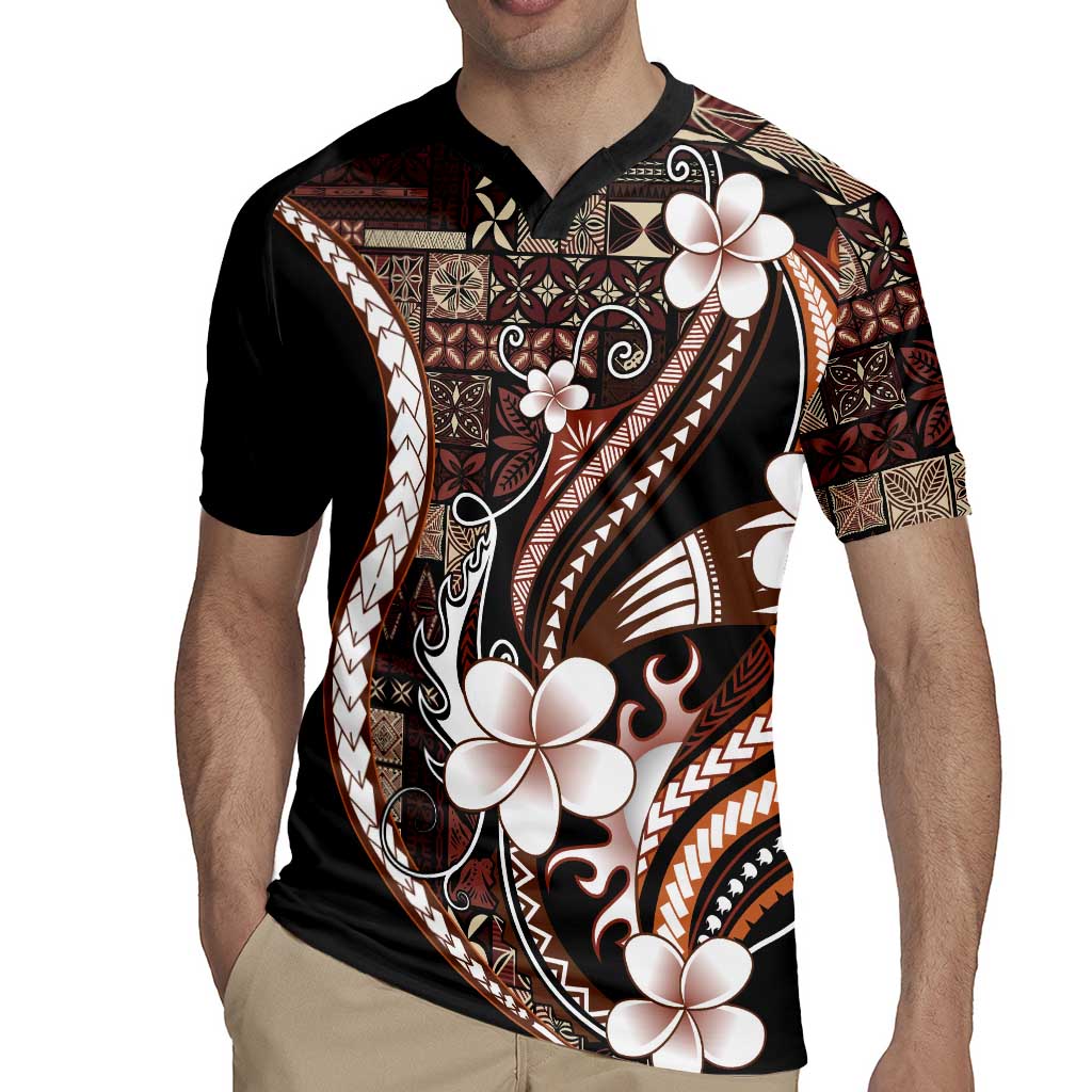Samoa Siapo Tribal Pattern Rugby Jersey Brown Polynesian Plumeria Tapa Motif
