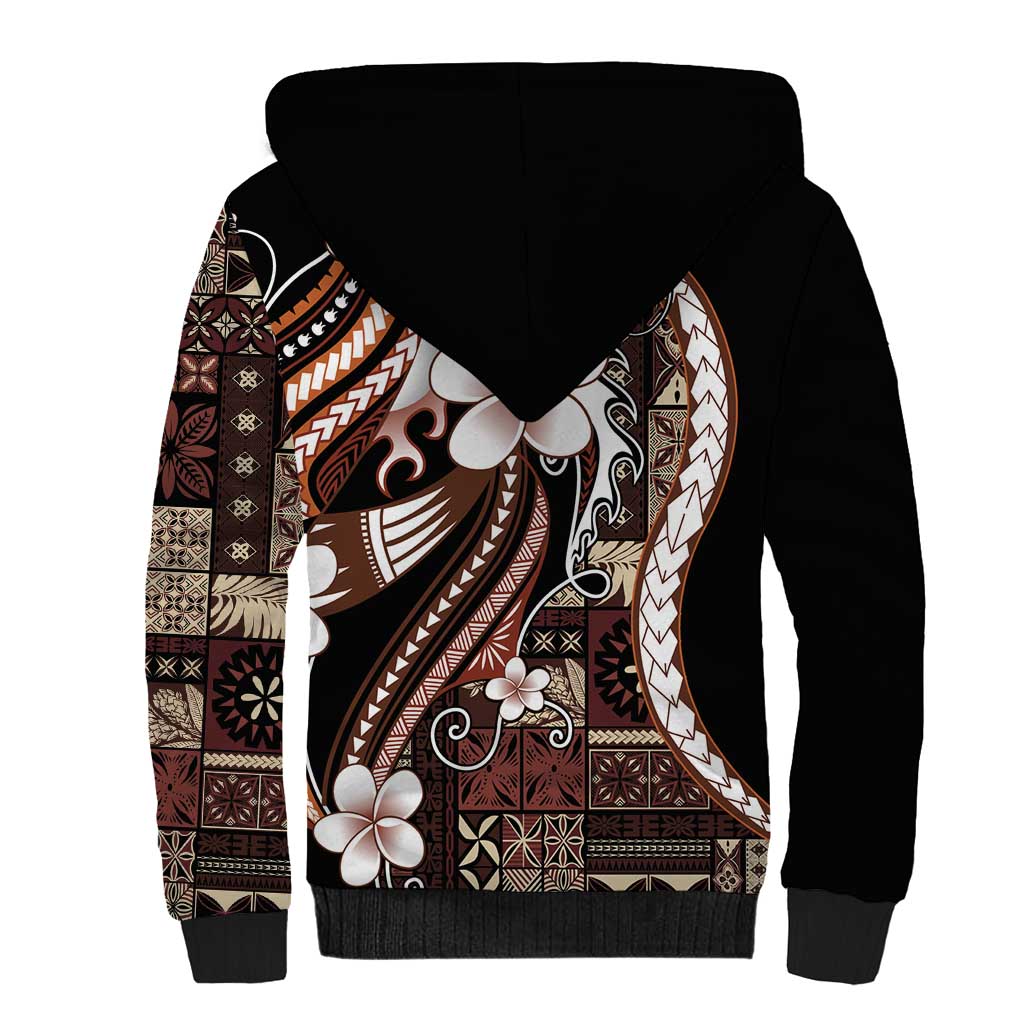 Samoa Siapo Tribal Pattern Sherpa Hoodie Brown Polynesian Plumeria Tapa Motif