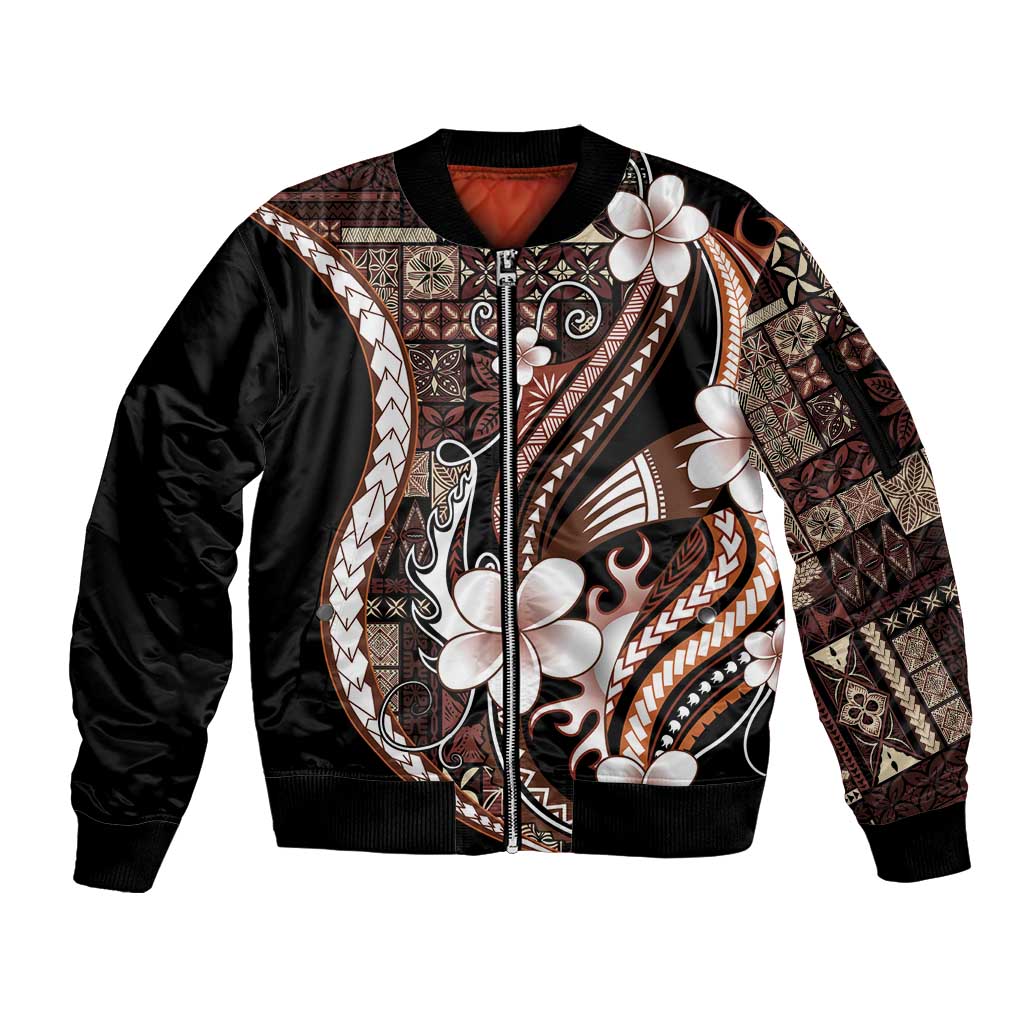 Samoa Siapo Tribal Pattern Sleeve Zip Bomber Jacket Brown Polynesian Plumeria Tapa Motif