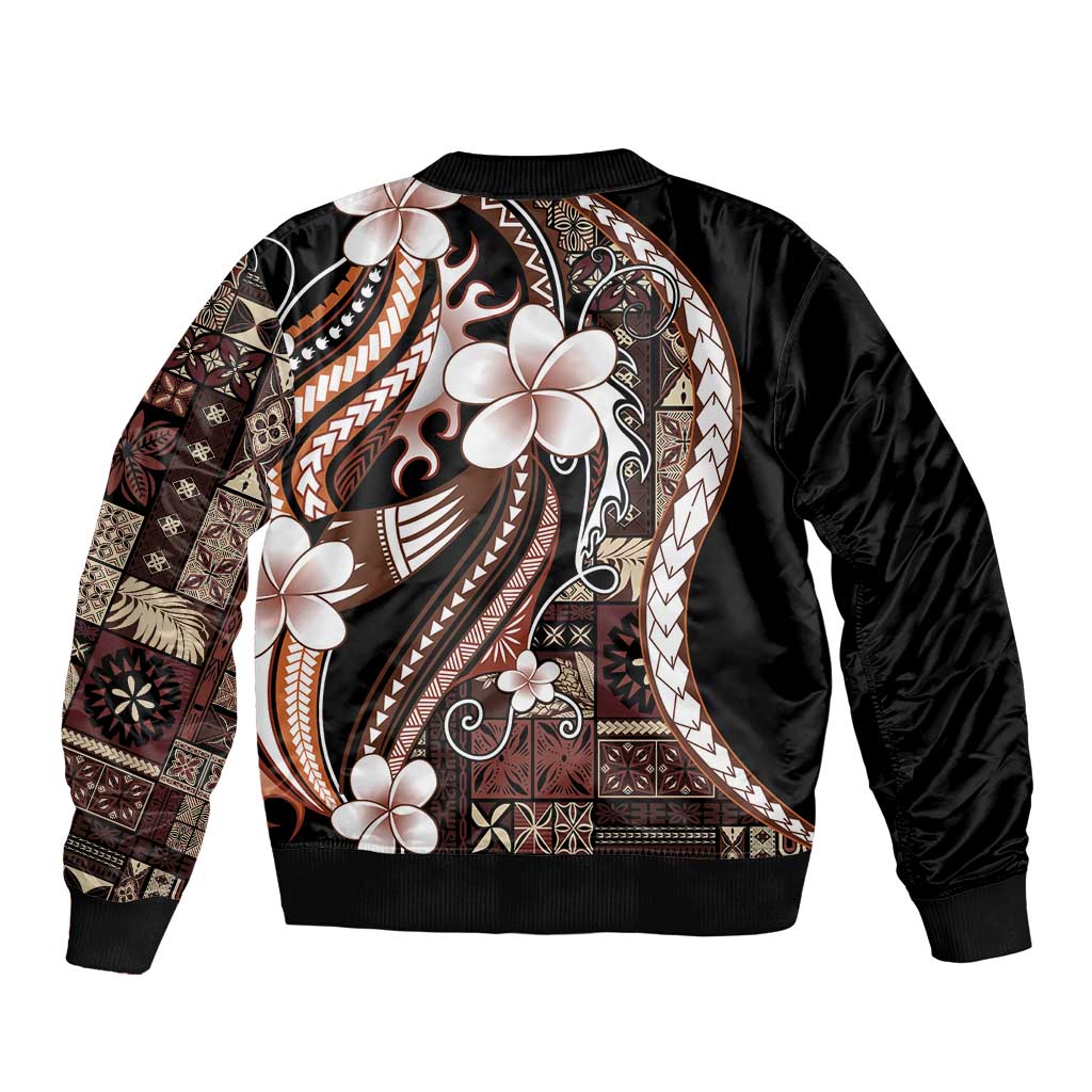 Samoa Siapo Tribal Pattern Sleeve Zip Bomber Jacket Brown Polynesian Plumeria Tapa Motif