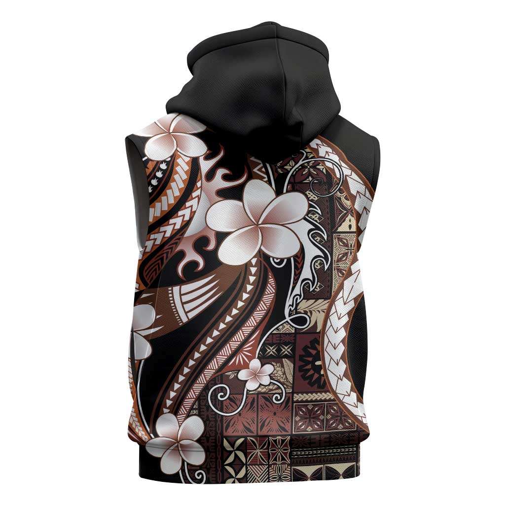 Samoa Siapo Tribal Pattern Sleeveless Hoodie Brown Polynesian Plumeria Tapa Motif