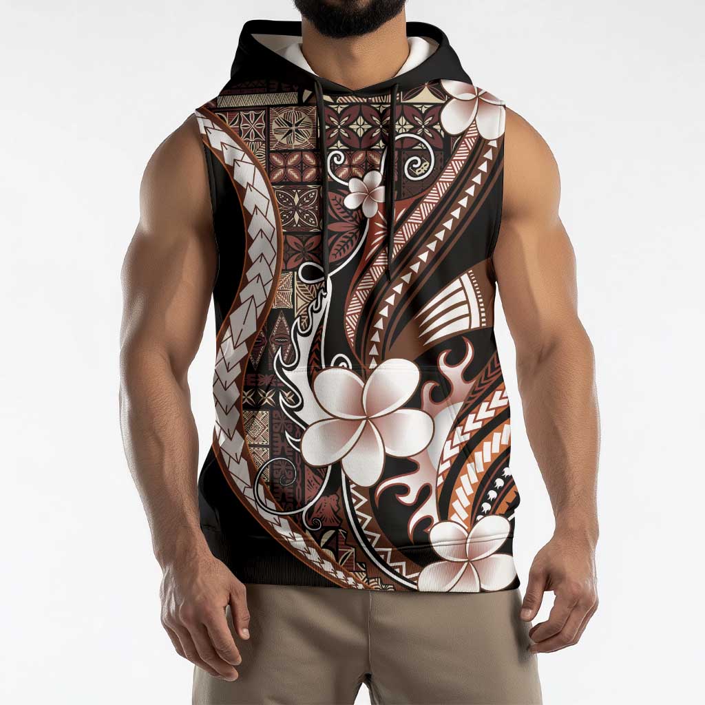 Samoa Siapo Tribal Pattern Sleeveless Hoodie Brown Polynesian Plumeria Tapa Motif