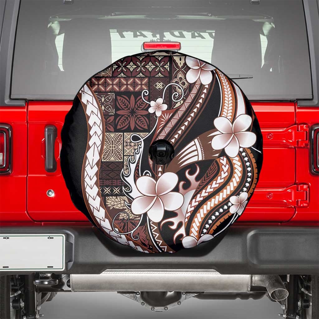 Samoa Siapo Tribal Pattern Spare Tire Cover Brown Polynesian Plumeria Tapa Motif