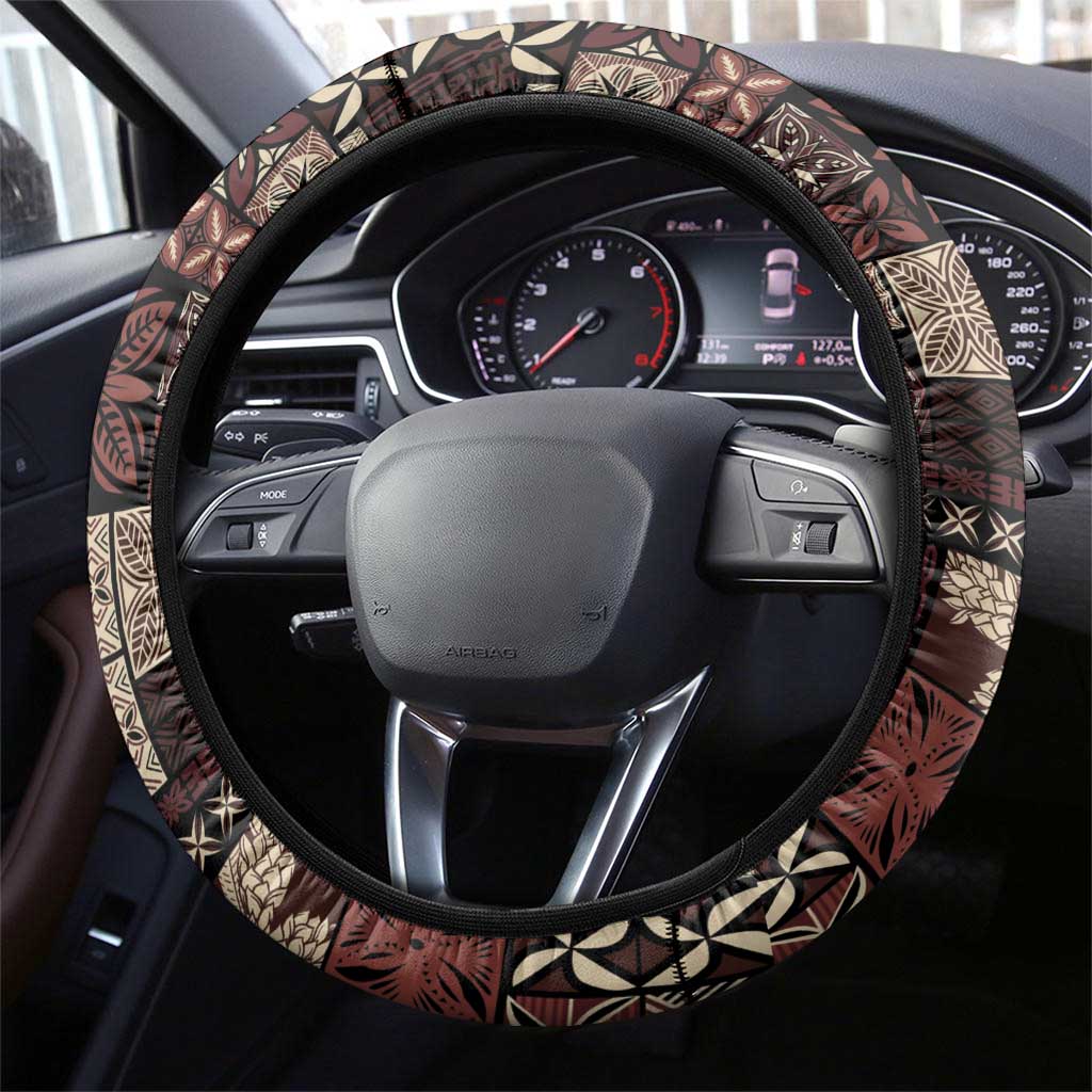Samoa Siapo Tribal Pattern Steering Wheel Cover Brown Polynesian Plumeria Tapa Motif