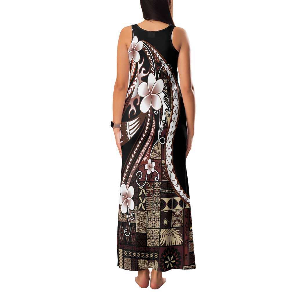 Samoa Siapo Tribal Pattern Tank Maxi Dress Brown Polynesian Plumeria Tapa Motif