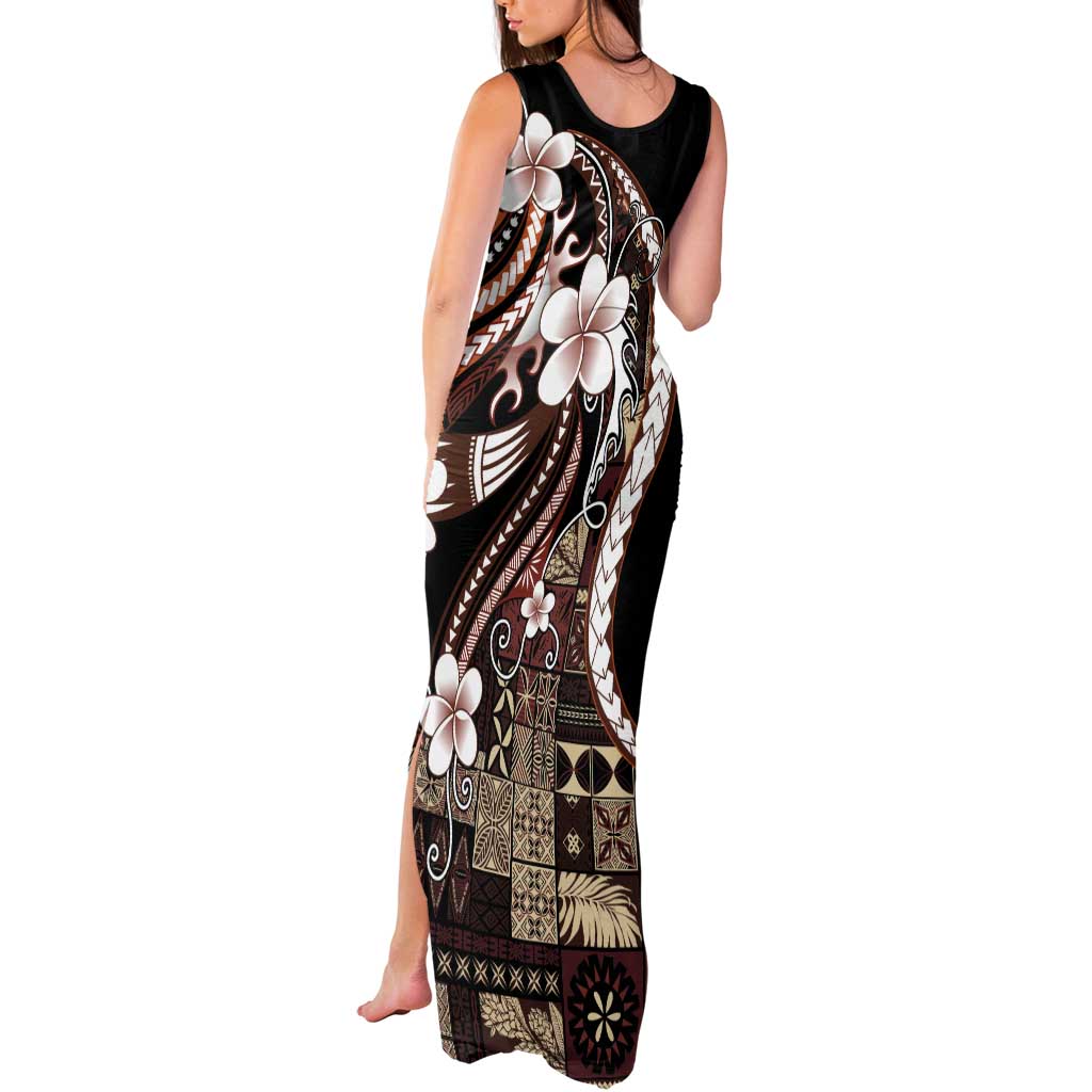 Samoa Siapo Tribal Pattern Tank Maxi Dress Brown Polynesian Plumeria Tapa Motif