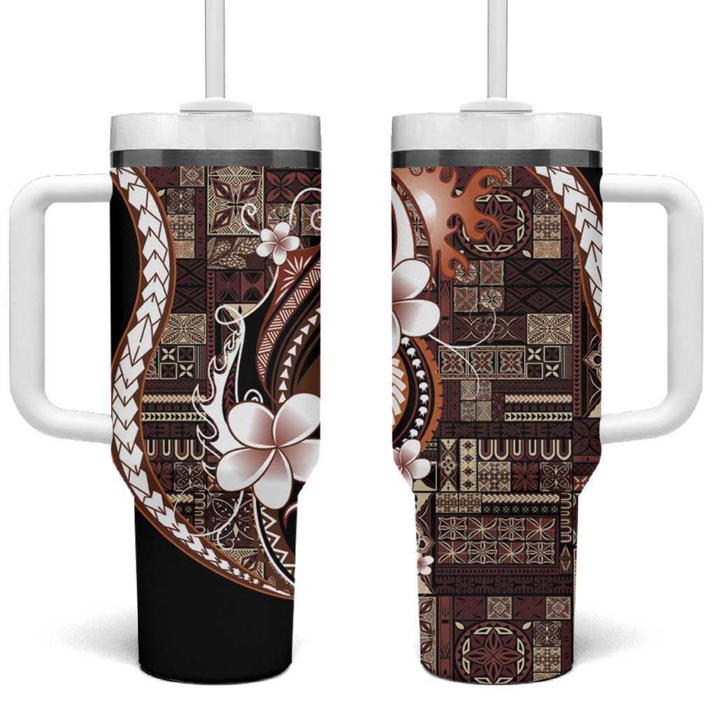 Samoa Siapo Tribal Pattern Tumbler With Handle Brown Polynesian Plumeria Tapa Motif