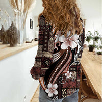 Samoa Siapo Tribal Pattern Women Casual Shirt Brown Polynesian Plumeria Tapa Motif