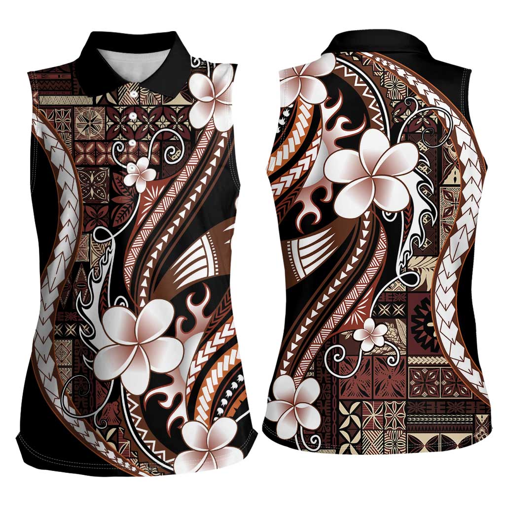 Samoa Siapo Tribal Pattern Women Sleeveless Polo Shirt Brown Polynesian Plumeria Tapa Motif