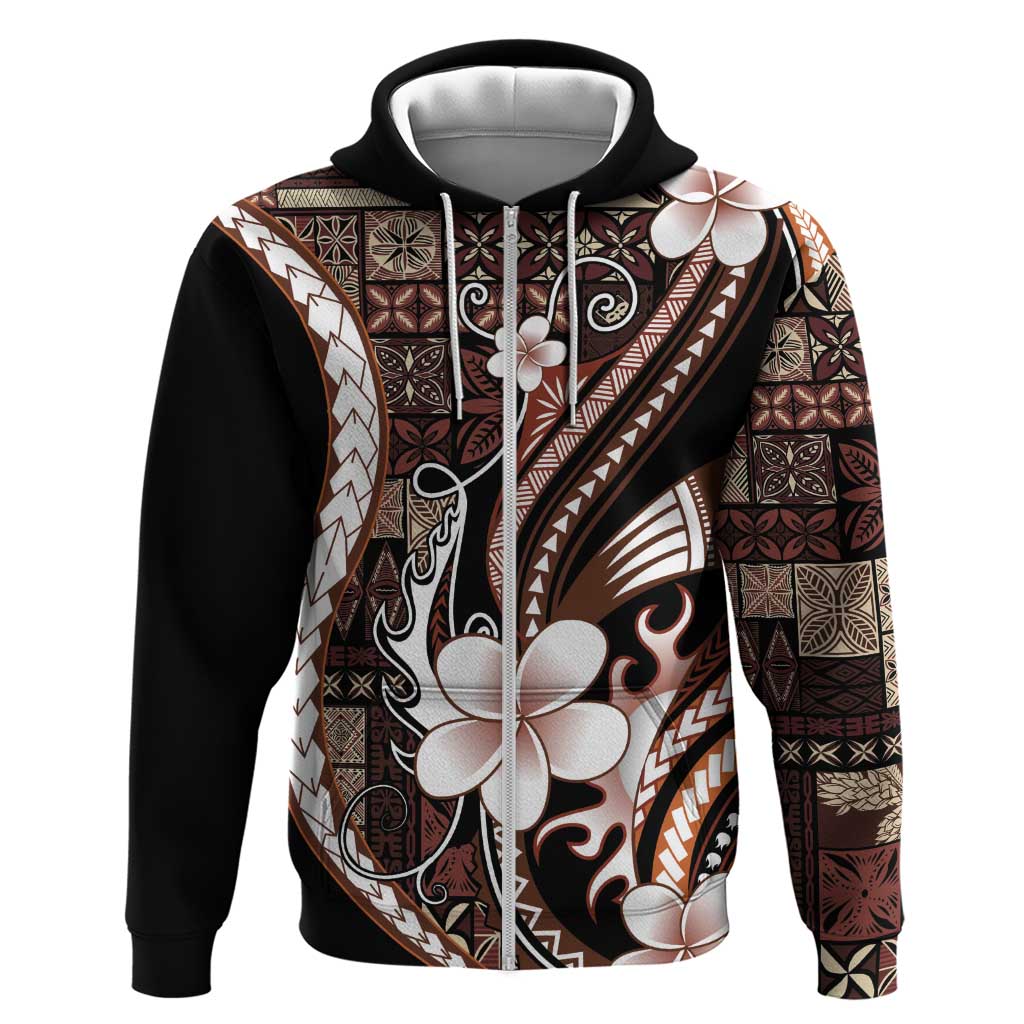 Samoa Siapo Tribal Pattern Zip Hoodie Brown Polynesian Plumeria Tapa Motif