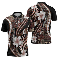 Samoa Siapo Tribal Pattern Zipper Polo Shirt Brown Polynesian Plumeria Tapa Motif