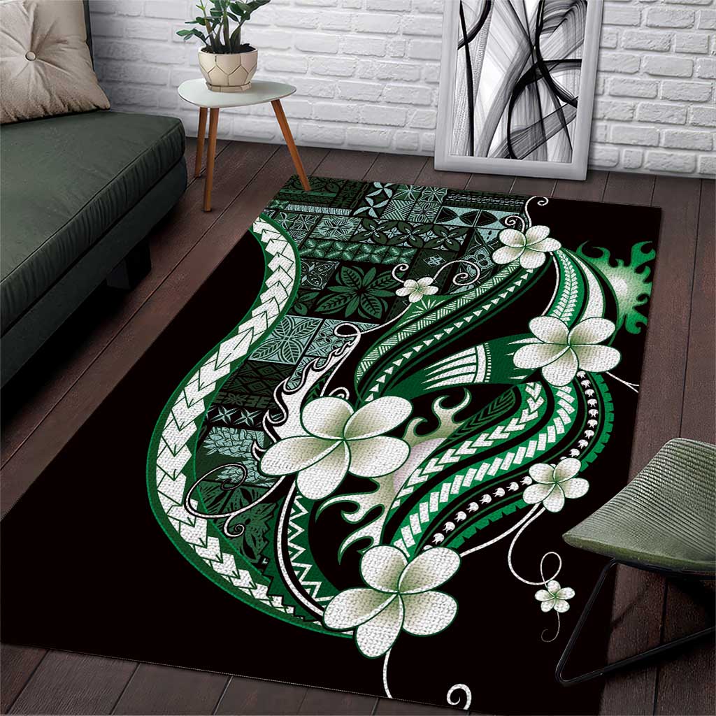 Samoa Siapo Tribal Pattern Area Rug Forest Green Polynesian Plumeria Tapa Motif