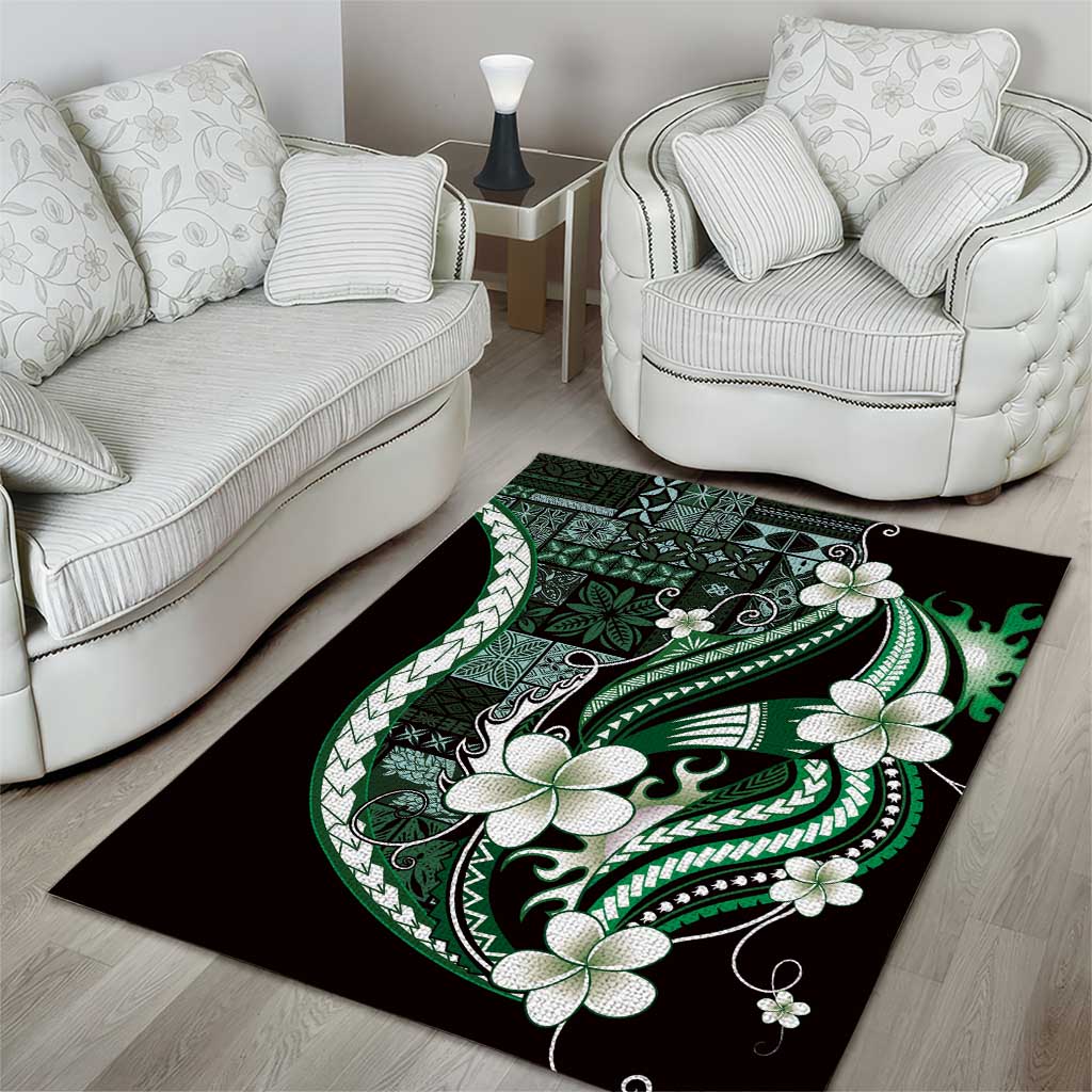 Samoa Siapo Tribal Pattern Area Rug Forest Green Polynesian Plumeria Tapa Motif