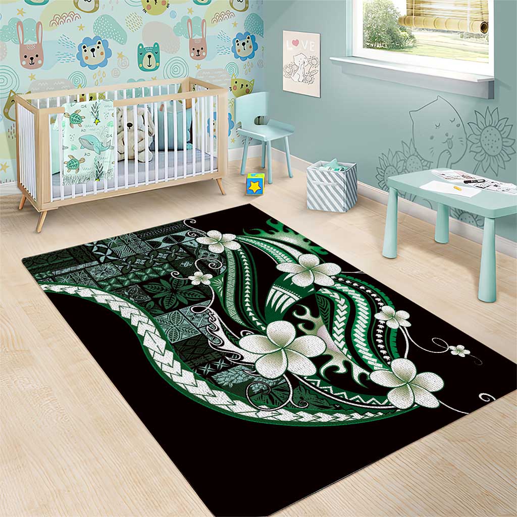 Samoa Siapo Tribal Pattern Area Rug Forest Green Polynesian Plumeria Tapa Motif