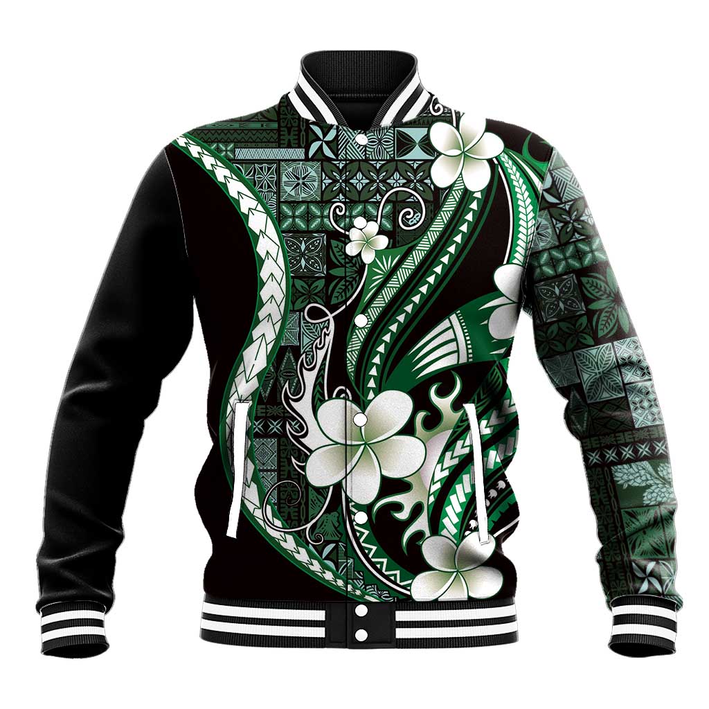 Samoa Siapo Tribal Pattern Baseball Jacket Forest Green Polynesian Plumeria Tapa Motif