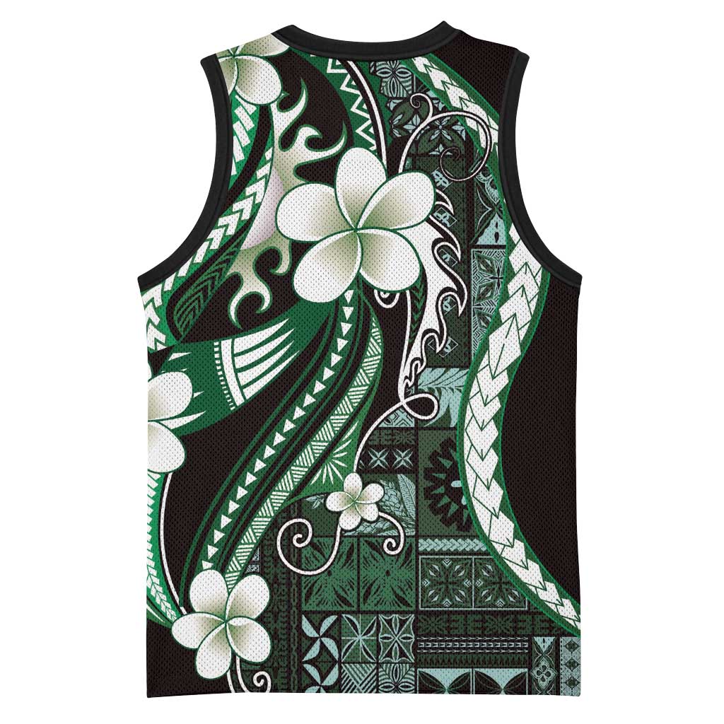 Samoa Siapo Tribal Pattern Basketball Jersey Forest Green Polynesian Plumeria Tapa Motif