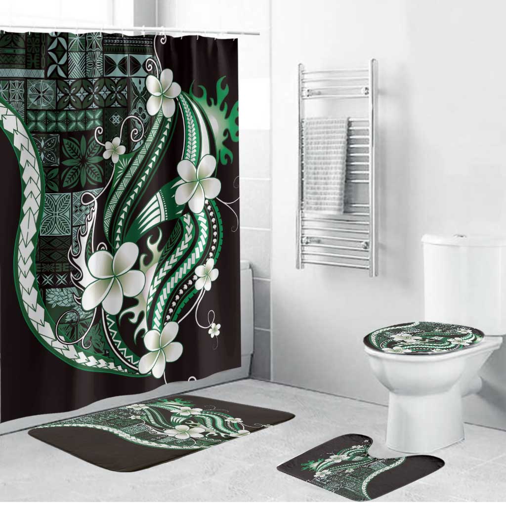 Samoa Siapo Tribal Pattern Bathroom Set Forest Green Polynesian Plumeria Tapa Motif