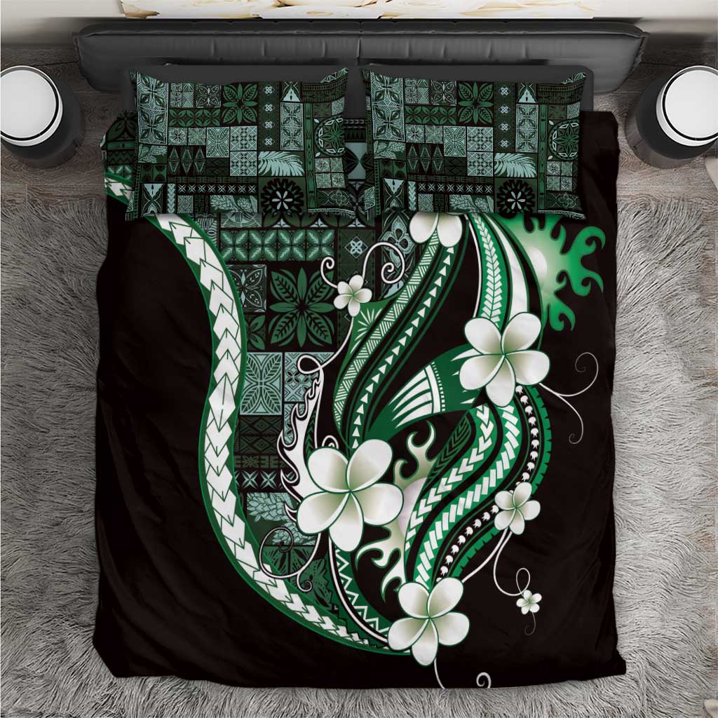 Samoa Siapo Tribal Pattern Bedding Set Forest Green Polynesian Plumeria Tapa Motif
