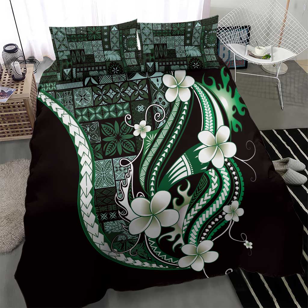 Samoa Siapo Tribal Pattern Bedding Set Forest Green Polynesian Plumeria Tapa Motif