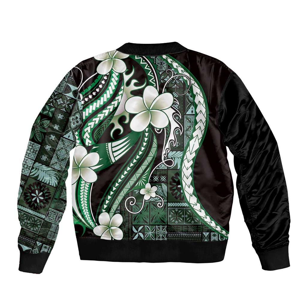 Samoa Siapo Tribal Pattern Bomber Jacket Forest Green Polynesian Plumeria Tapa Motif