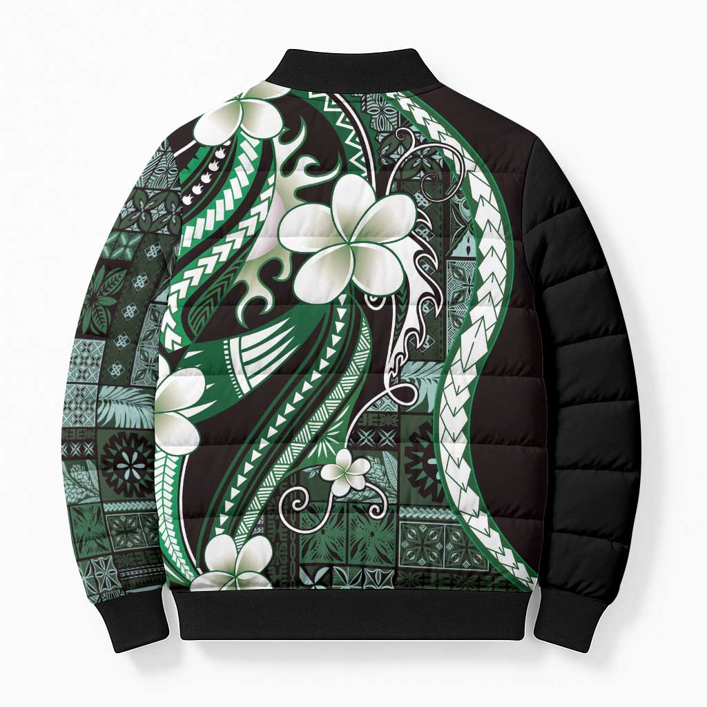 Samoa Siapo Tribal Pattern Bomber Puffer Jacket Forest Green Polynesian Plumeria Tapa Motif