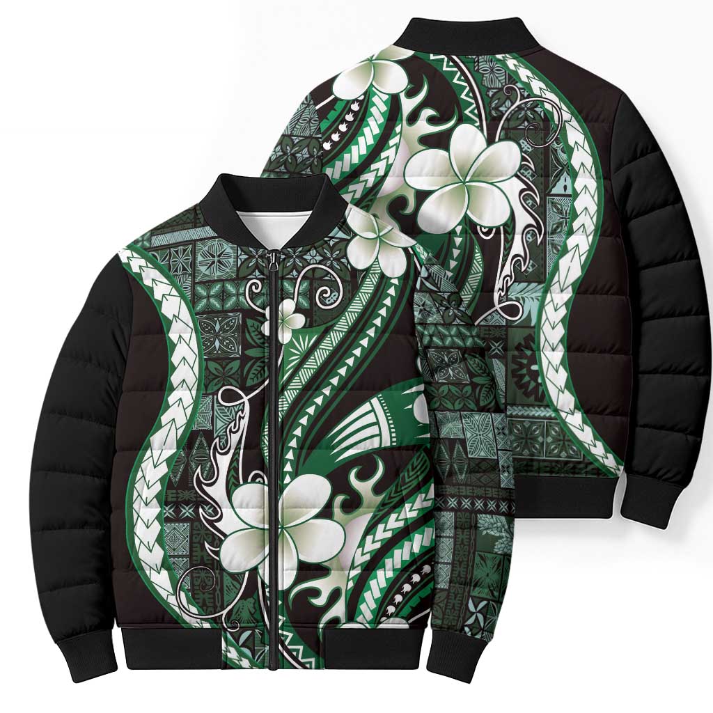 Samoa Siapo Tribal Pattern Bomber Puffer Jacket Forest Green Polynesian Plumeria Tapa Motif