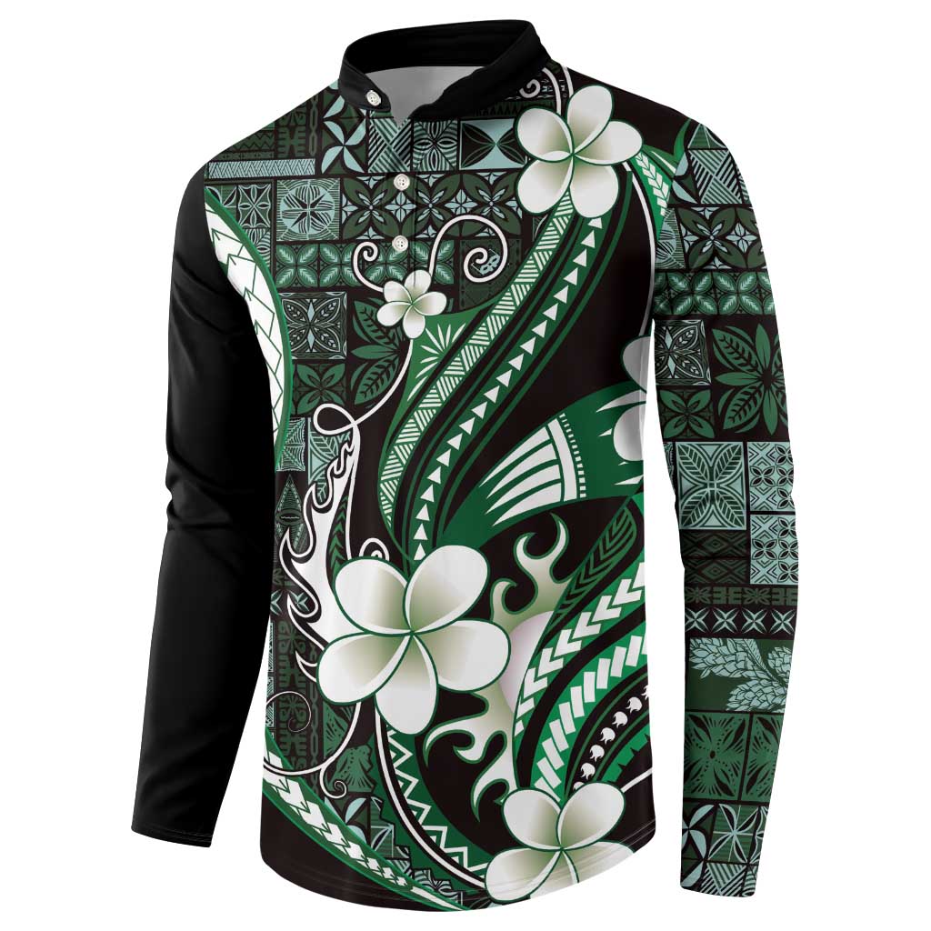 Samoa Siapo Tribal Pattern Button Sweatshirt Forest Green Polynesian Plumeria Tapa Motif