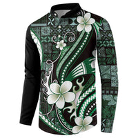 Samoa Siapo Tribal Pattern Button Sweatshirt Forest Green Polynesian Plumeria Tapa Motif