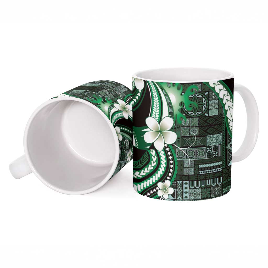 Samoa Siapo Tribal Pattern Ceramic Mug Forest Green Polynesian Plumeria Tapa Motif