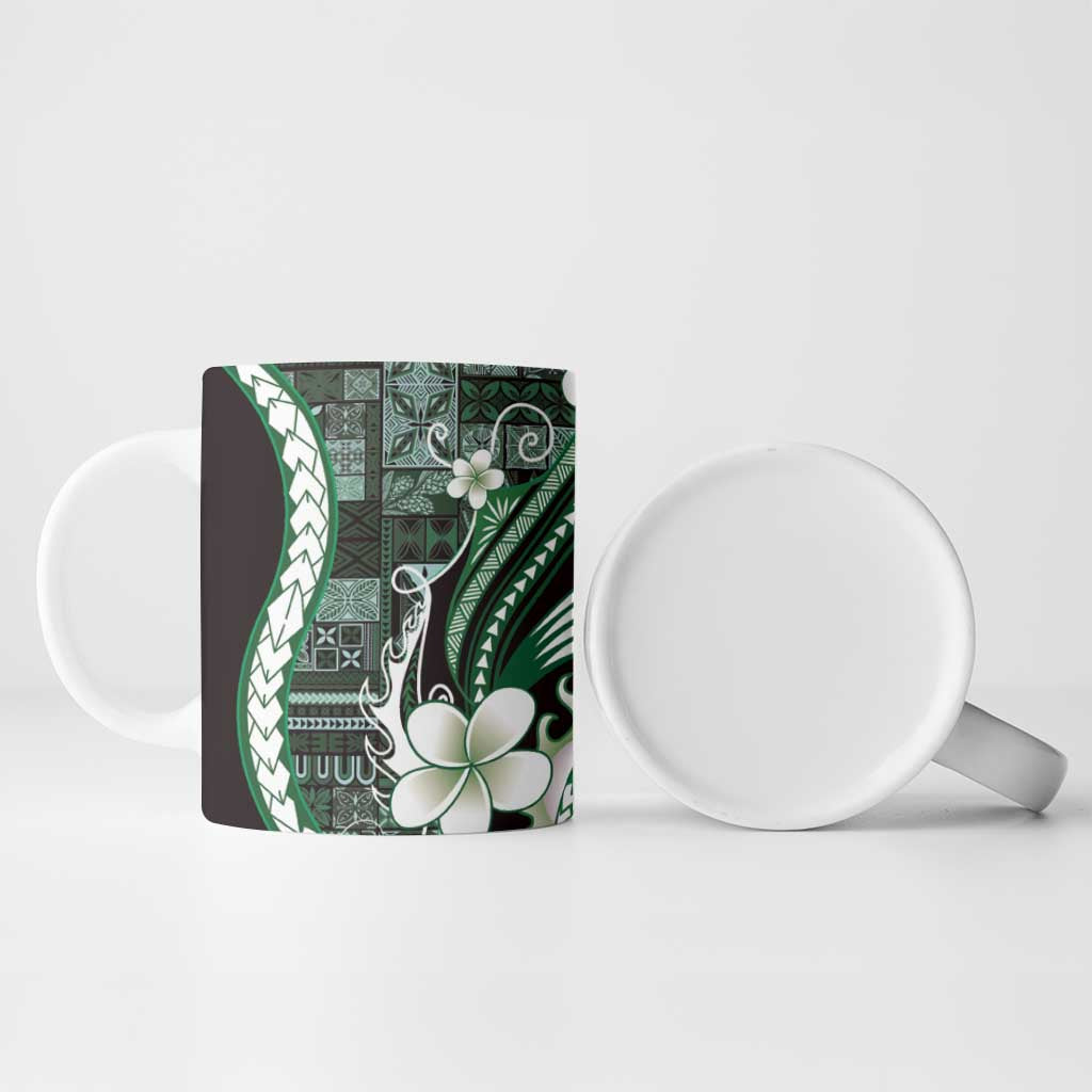 Samoa Siapo Tribal Pattern Ceramic Mug Forest Green Polynesian Plumeria Tapa Motif