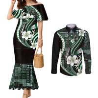Samoa Siapo Tribal Pattern Couples Matching Mermaid Dress and Long Sleeve Button Shirt Forest Green Polynesian Plumeria Tapa Motif