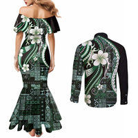 Samoa Siapo Tribal Pattern Couples Matching Mermaid Dress and Long Sleeve Button Shirt Forest Green Polynesian Plumeria Tapa Motif