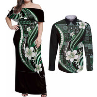 Samoa Siapo Tribal Pattern Couples Matching Off Shoulder Maxi Dress and Long Sleeve Button Shirt Forest Green Polynesian Plumeria Tapa Motif