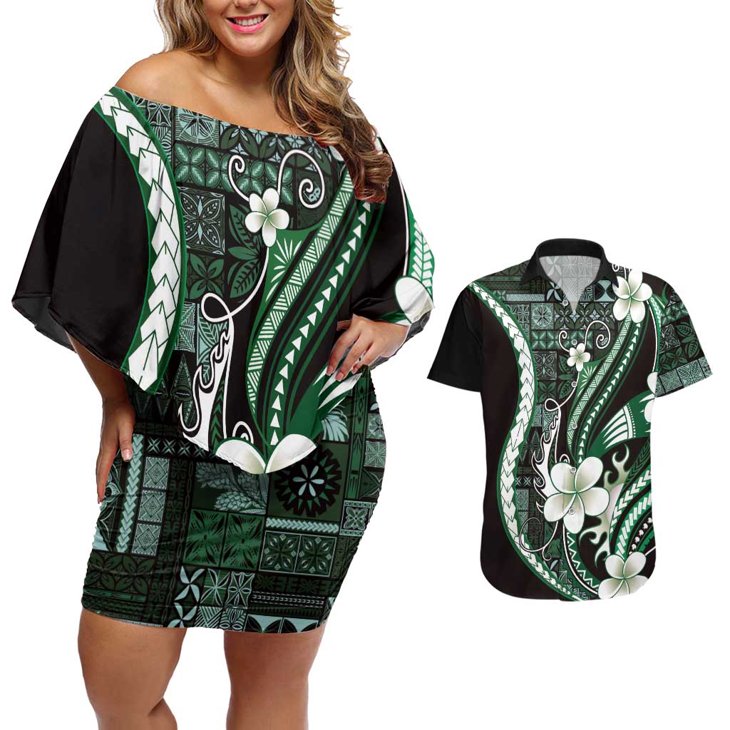 Samoa Siapo Tribal Pattern Couples Matching Off Shoulder Short Dress and Hawaiian Shirt Forest Green Polynesian Plumeria Tapa Motif
